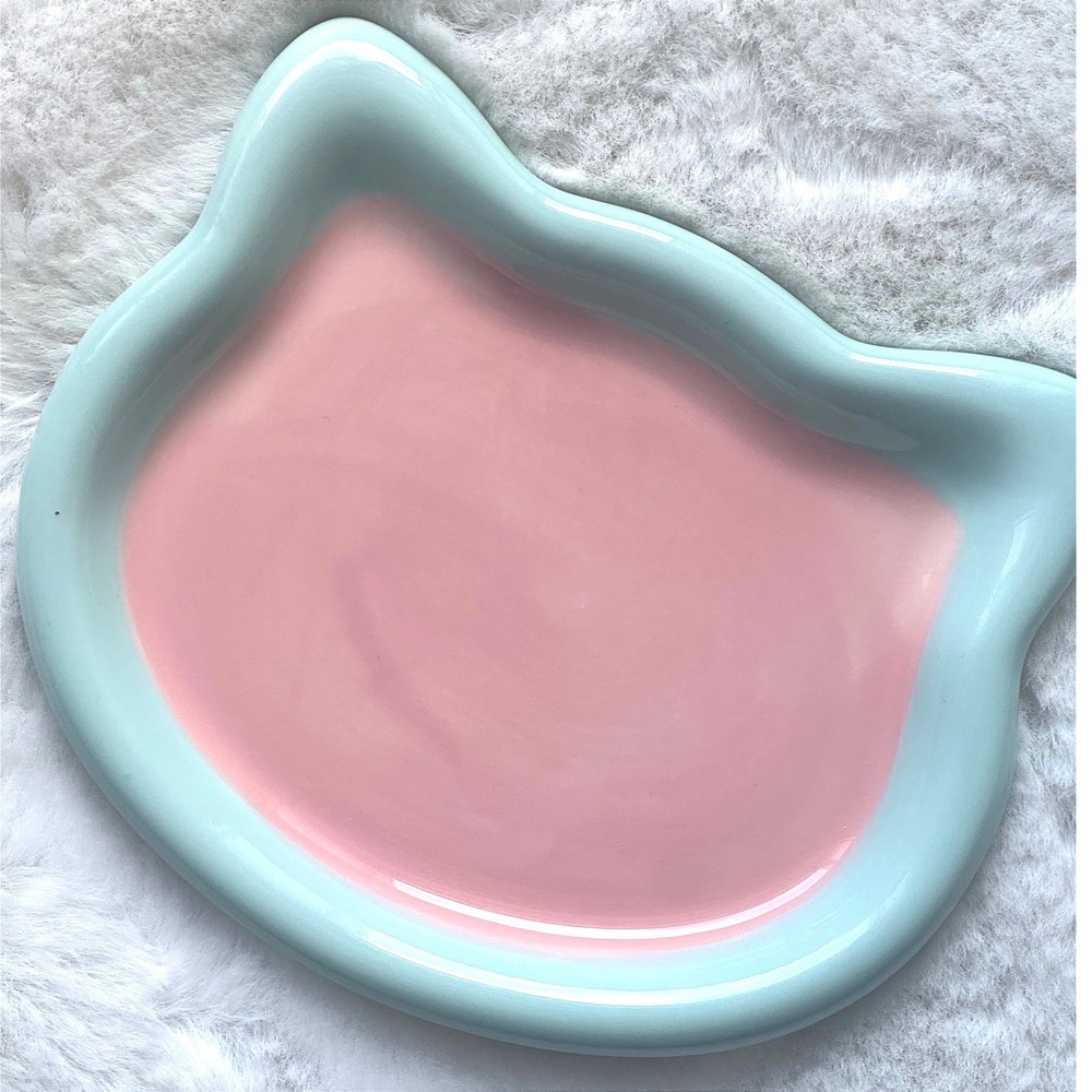 New Small Ceramic Cat Plate Whisker Fatigue Friendly‎ Pastel Pink Blue Pet Dish